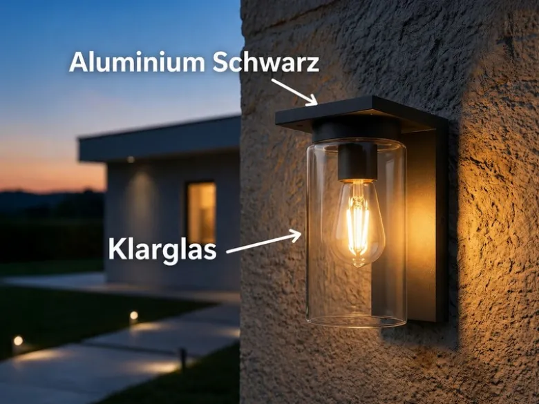 Außenwandleuchte Schwarz mit E27 LED & Glas Lampenschirm, Höhe 19cm