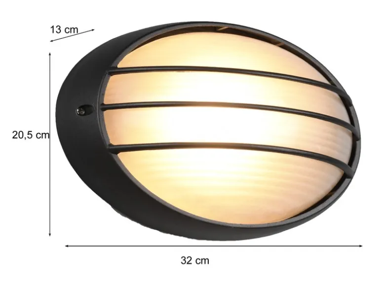 Außenwandleuchte TIRSO Schwarz mit Gitter oval, Breite 32cm