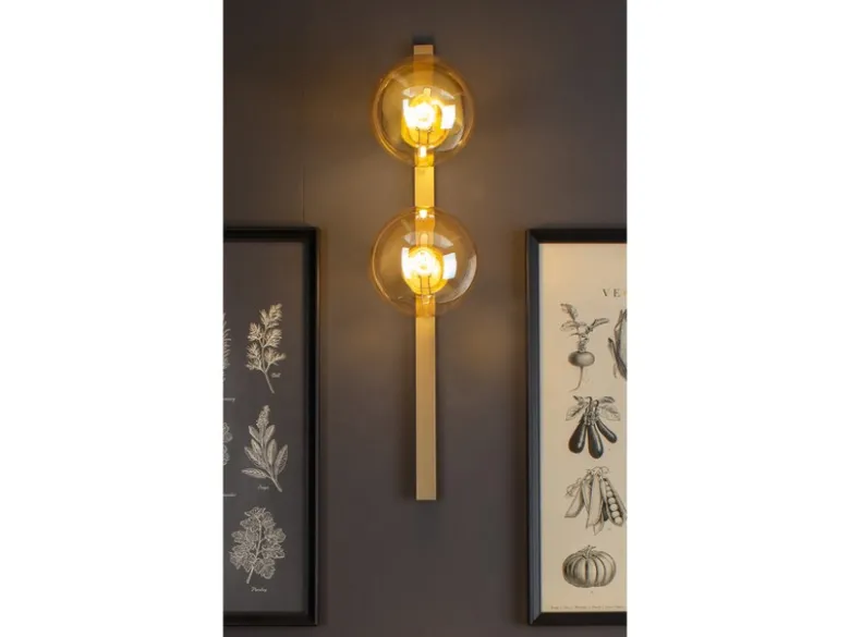 Außergewöhnliche LED Wandlampe Messing 2 flammig Glaskugel Amber, Höhe 60cm