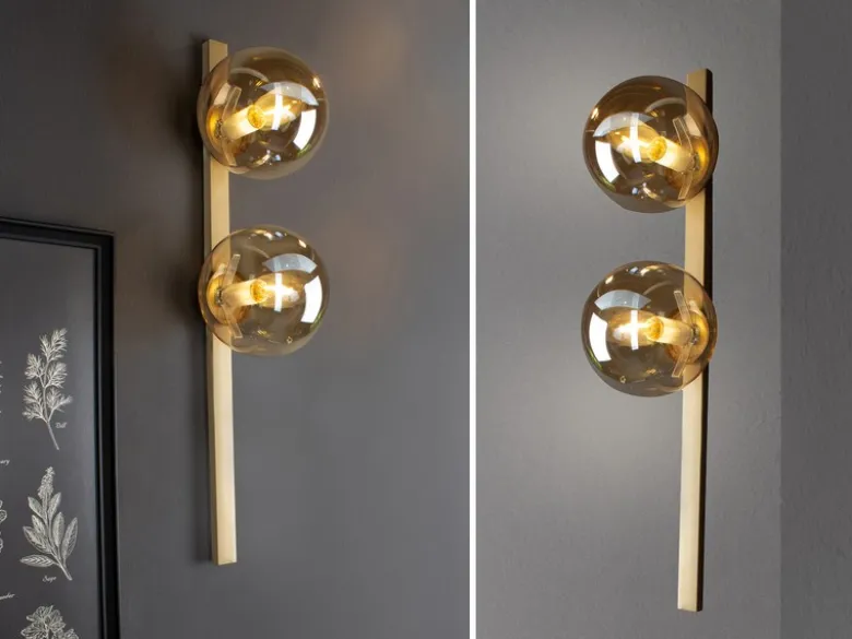 Außergewöhnliche LED Wandlampe Messing 2 flammig Glaskugel Amber, Höhe 60cm