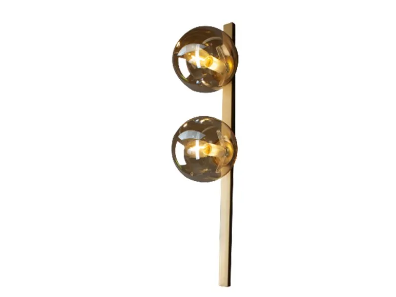 Außergewöhnliche LED Wandlampe Messing 2 flammig Glaskugel Amber, Höhe 60cm
