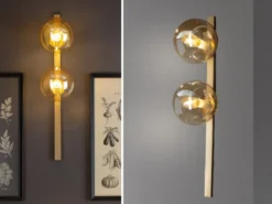 Außergewöhnliche Wandlampe PLUTO Messing 2 flammig - Glaskugel Amber