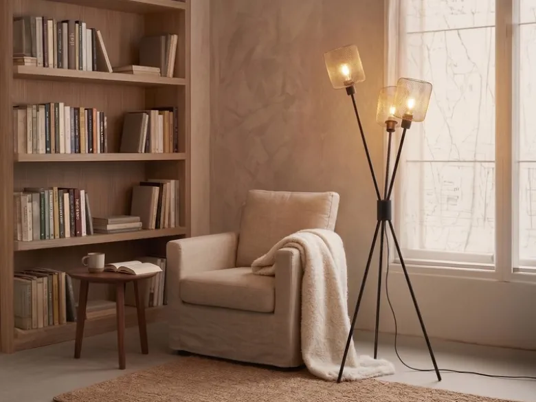 Ausgefallene Dreibein Stehlampe SELA Schwarz Metall Gold Drahtgeflecht H: 159cm