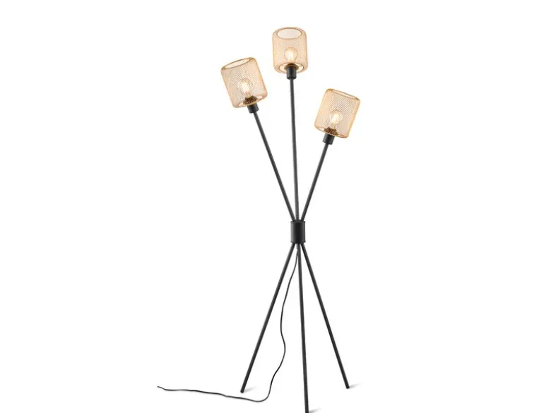 Ausgefallene Dreibein Stehlampe SELA Schwarz Metall Gold Drahtgeflecht H: 159cm