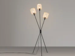 Ausgefallene Dreibein Stehlampe SELA Schwarz Metall Gold Drahtgeflecht H: 159cm