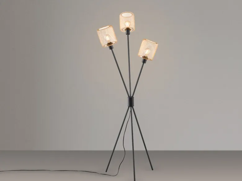 Ausgefallene Dreibein Stehlampe SELA Schwarz Metall Gold Drahtgeflecht H: 159cm