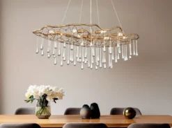 Ausgefallene große LED Pendelleuchte Gold matt mit Glas Behang, Breite 107cm