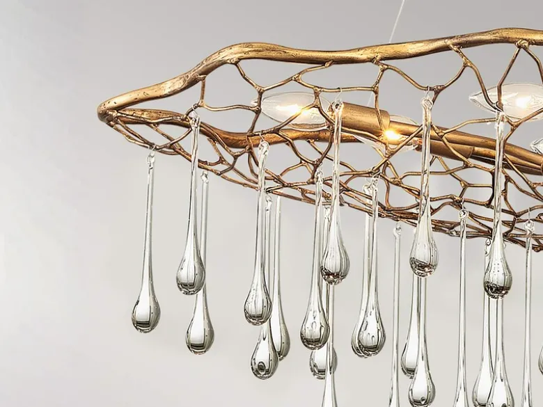 Ausgefallene große LED Pendelleuchte Gold matt mit Glas Behang, Breite 107cm