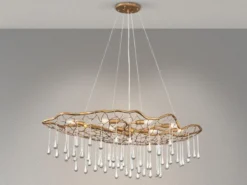 Ausgefallene große LED Pendelleuchte Gold matt mit Glas Behang, Breite 107cm
