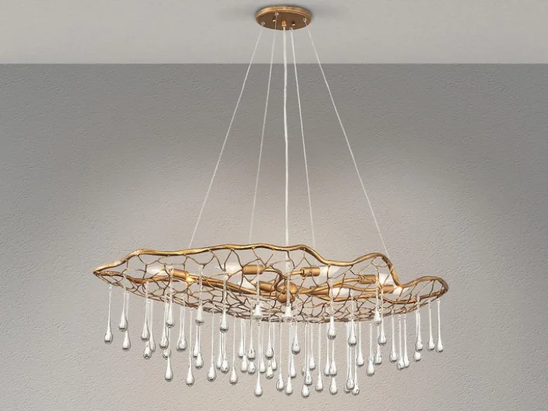 Ausgefallene große LED Pendelleuchte Gold matt mit Glas Behang, Breite 107cm
