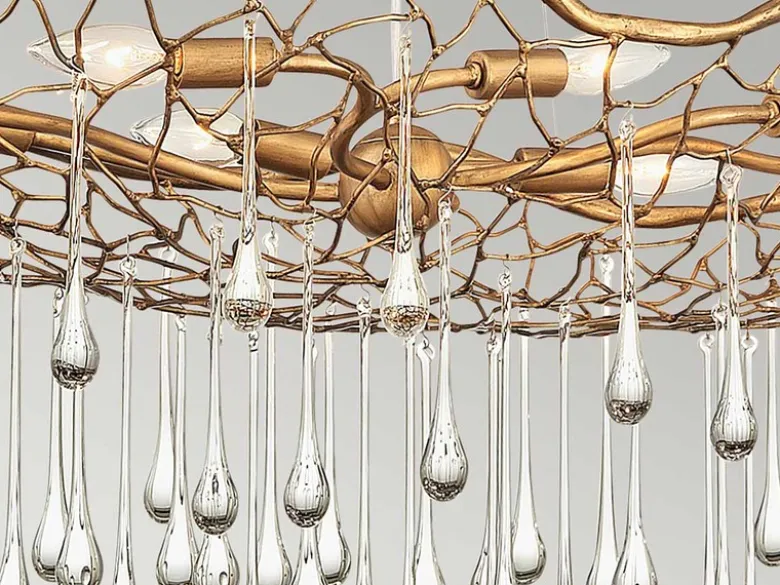 Ausgefallene große LED Pendelleuchte Gold matt mit Glas Behang, Breite 107cm