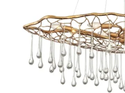Ausgefallene große LED Pendelleuchte Gold matt mit Glas Behang, Breite 107cm