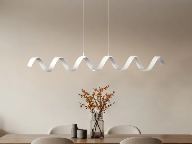 Ausgefallene LED Pendelleuchte HELIX Weiß / Silber, Breite 125cm
