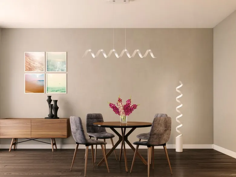 Ausgefallene LED Pendelleuchte HELIX Weiß / Silber, Breite 125cm