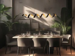 Ausgefallene LED Pendelleuchte HELIX Schwarz / Gold, Breite 125cm