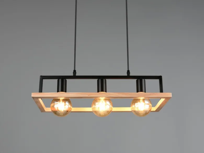 Ausgefallene LED Pendelleuchte mit Rahmen aus Naturholz, Breite 57,5cm
