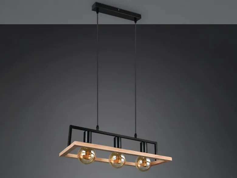 Ausgefallene LED Pendelleuchte mit Rahmen aus Naturholz, Breite 57,5cm