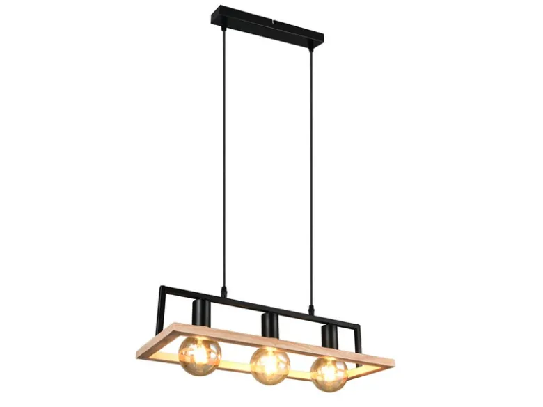 Ausgefallene LED Pendelleuchte mit Rahmen aus Naturholz, Breite 57,5cm