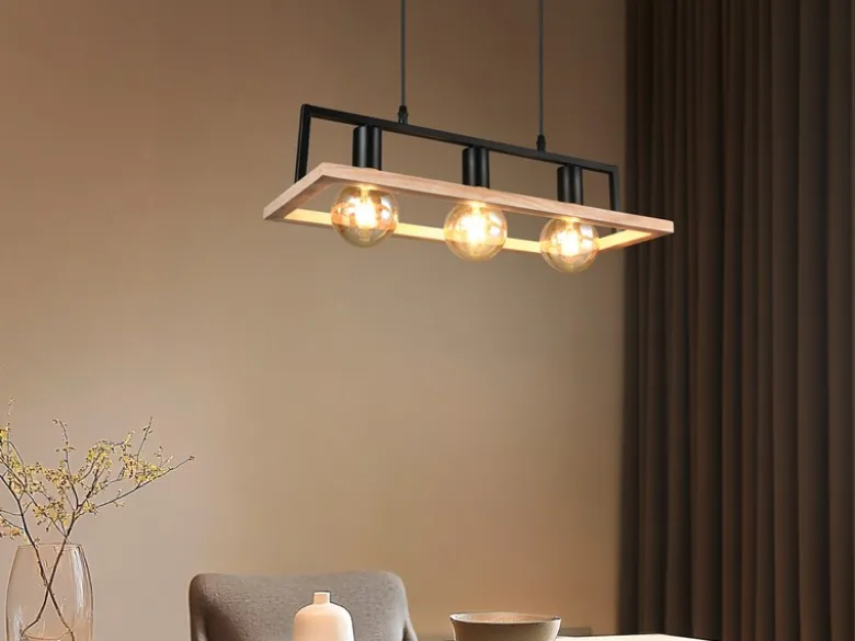 Ausgefallene LED Pendelleuchte mit Rahmen aus Naturholz, Breite 57,5cm