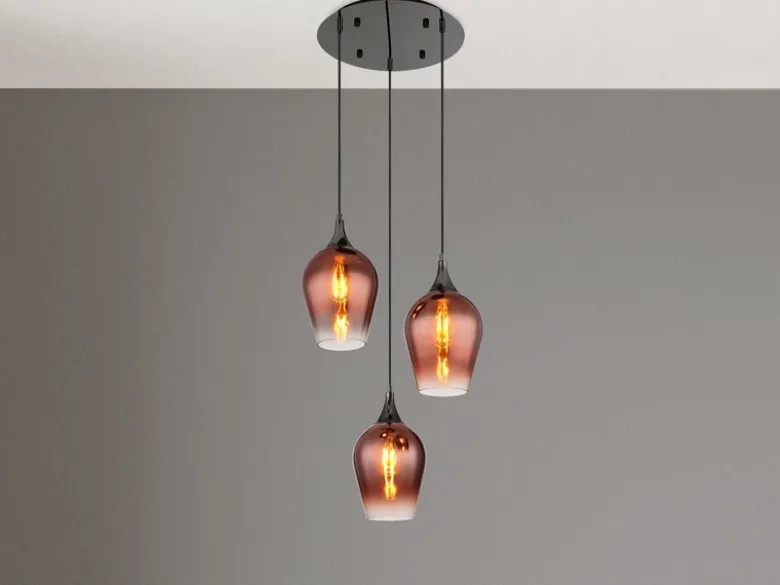 Ausgefallene LED Pendelleuchte mit drei Kupferfarbigen Glasschirmen, Ø 45cm