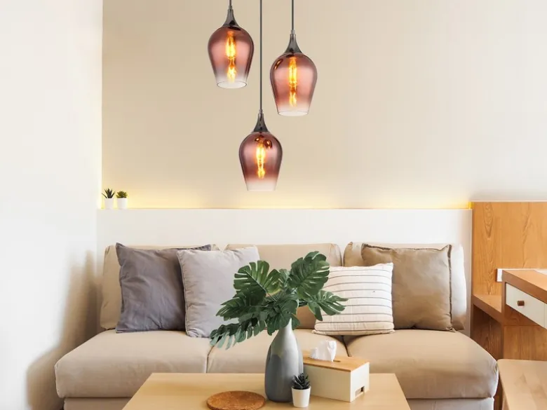 Ausgefallene LED Pendelleuchte mit drei Kupferfarbigen Glasschirmen, Ø 45cm