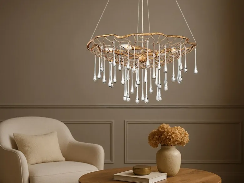 Ausgefallene LED Pendelleuchte Gold matt mit Glas Behang Ø 66cm
