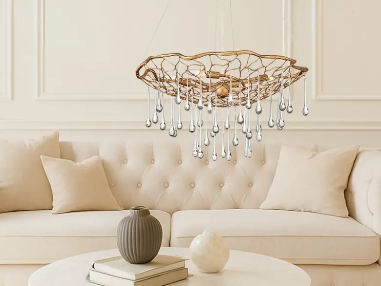 Ausgefallene LED Pendelleuchte Gold matt mit Glas Behang Ø 66cm