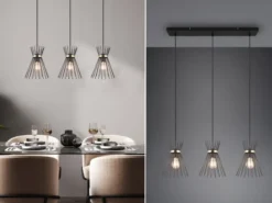 Ausgefallene LED Pendelleuchte 3 Draht Lampenschirme Schwarz-Gold, Breite 82cm