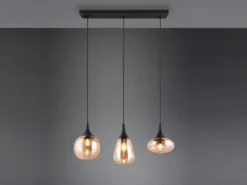Ausgefallene LED Pendelleuchte 3-flammig, Glas amberfarbig, Breite 70cm