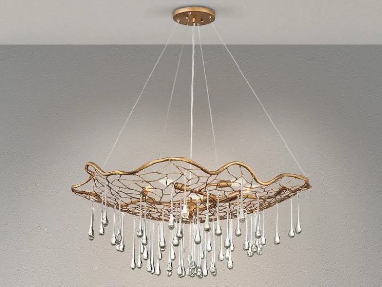 Ausgefallene LED Pendelleuchte Gold matt mit Glas Behang Ø 91cm