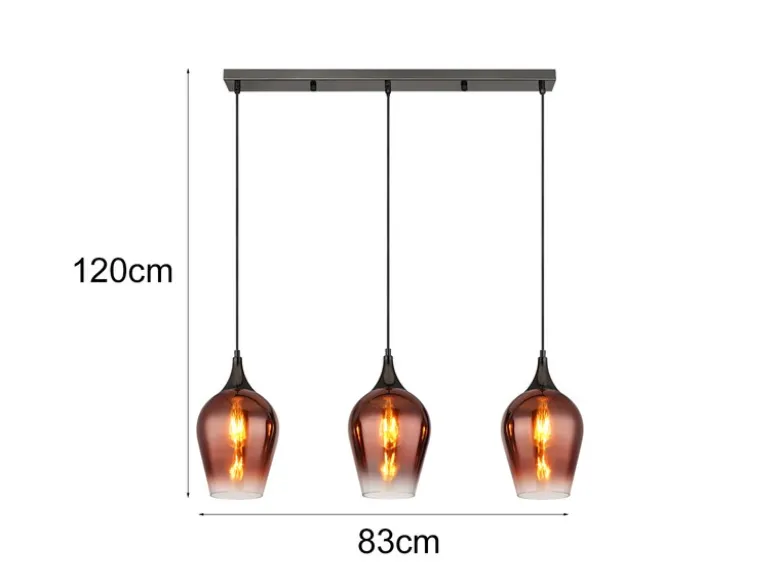 Ausgefallene LED Pendelleuchte mit drei Kupferfarbigen Schirmen, Breite 83cm
