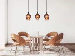 Ausgefallene LED Pendelleuchte mit drei Kupferfarbigen Schirmen, Breite 83cm