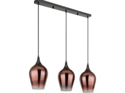 Ausgefallene LED Pendelleuchte mit drei Kupferfarbigen Schirmen, Breite 83cm