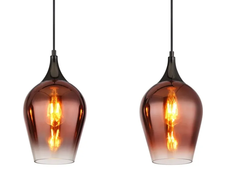 Ausgefallene LED Pendelleuchte mit drei Kupferfarbigen Schirmen, Breite 83cm