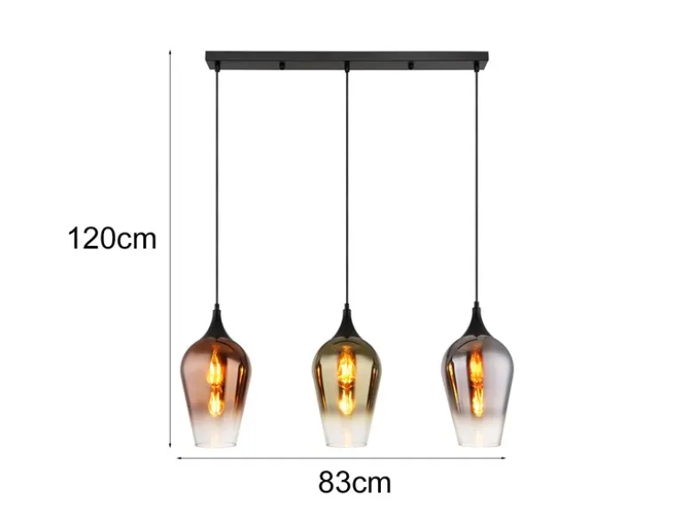 Ausgefallene LED Pendelleuchte mit drei bunten Glasschirmen, Breite 83cm