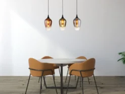 Ausgefallene LED Pendelleuchte mit drei bunten Glasschirmen, Breite 83cm