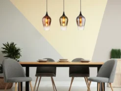 Ausgefallene LED Pendelleuchte mit drei bunten Glasschirmen, Breite 83cm