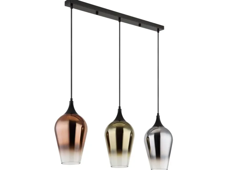 Ausgefallene LED Pendelleuchte mit drei bunten Glasschirmen, Breite 83cm