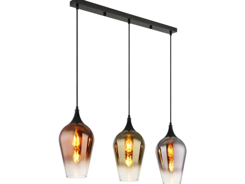 Ausgefallene LED Pendelleuchte mit drei bunten Glasschirmen, Breite 83cm