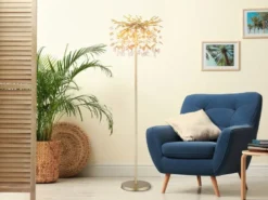 Ausgefallene LED Stehlampe Gold mit Glas Kristall 2-farbig, Höhe 155cm