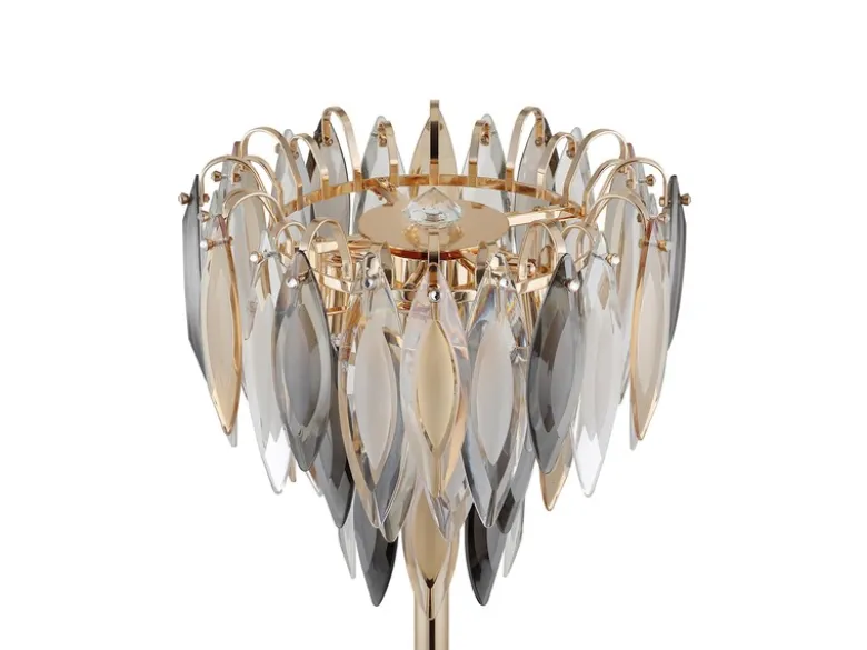 Ausgefallene LED Stehlampe Gold mit 3-farbigem K9 Kristall, Höhe 165cm