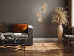 Ausgefallene LED Stehlampe mehrflammig Gold - Glaskugeln Bernstein Höhe 160cm