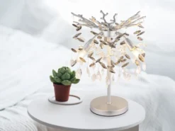 Ausgefallene LED Tischlampe Silber mit Glas Kristall 2-farbig, Höhe 50cm