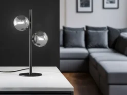 Ausgefallene LED Tischleuchte Schwarz - Glaskugeln Rauchglas, Höhe 40cm