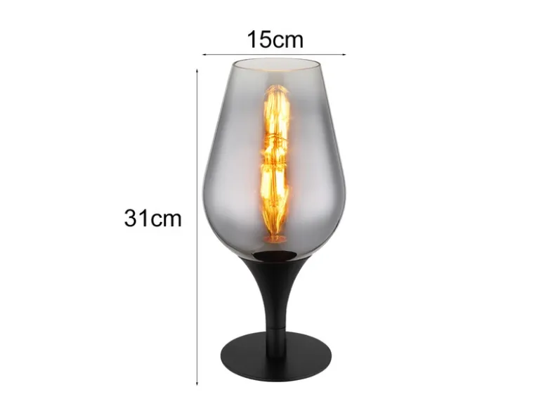 Ausgefallene LED Tischleuchte mit Rauchglas Lampenschirm, Höhe 31cm