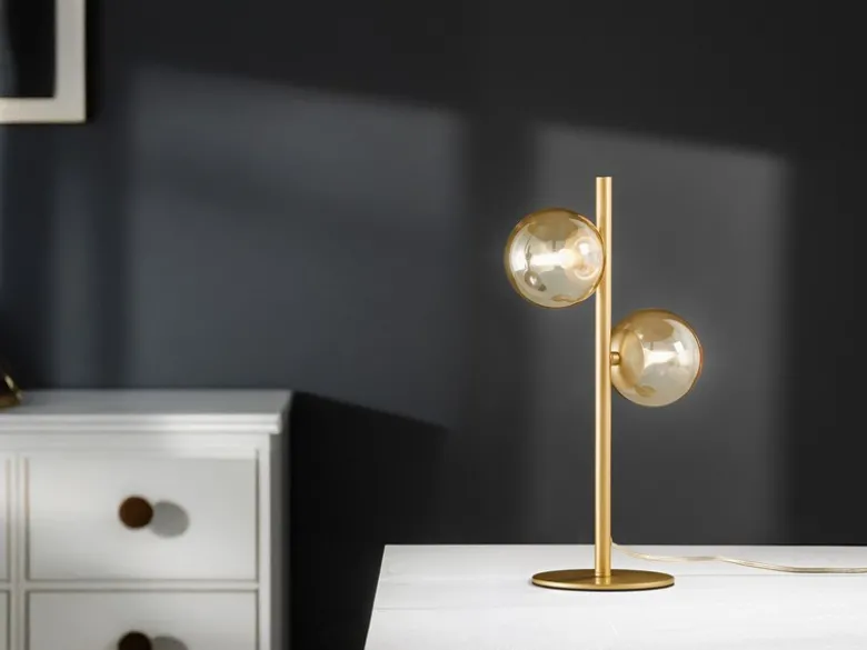 Ausgefallene LED Tischleuchte Gold - Glaskugeln Bernstein, Höhe 40cm
