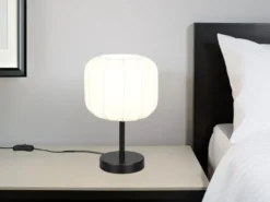 Ausgefallene LED Tischleuchte mit Stoff Lampenschirm in Weiß, Höhe 31cm