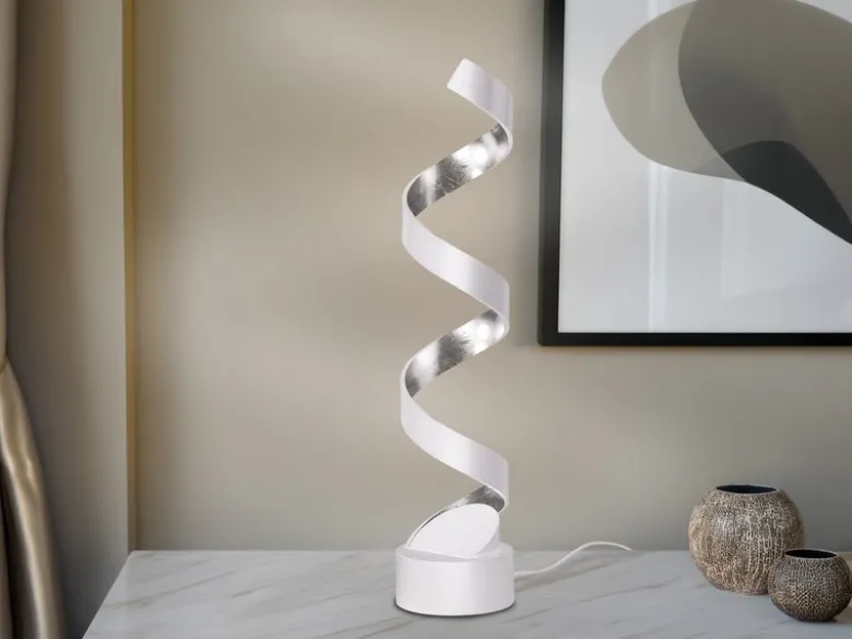 Ausgefallene LED Tischleuchte HELIX Weiß / Silber groß, Höhe 66cm