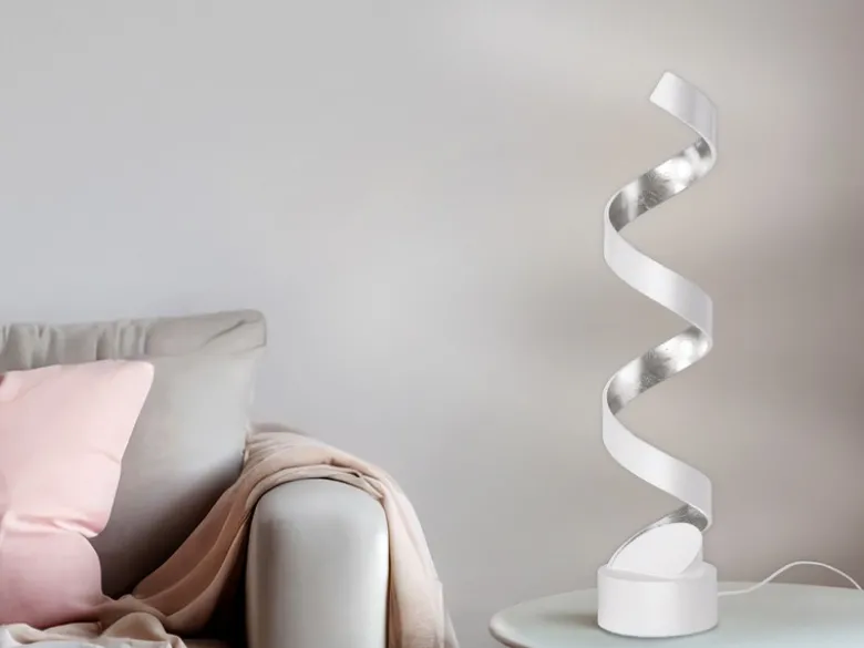 Ausgefallene LED Tischleuchte HELIX Weiß / Silber groß, Höhe 66cm