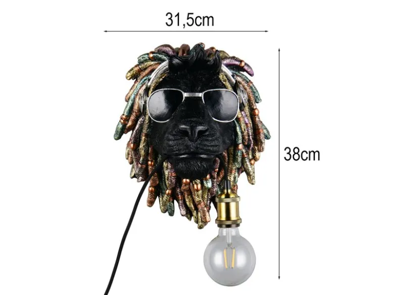 Ausgefallene LED Wandleuchte Löwenkopf mit Stecker und Schalter, Höhe 38cm